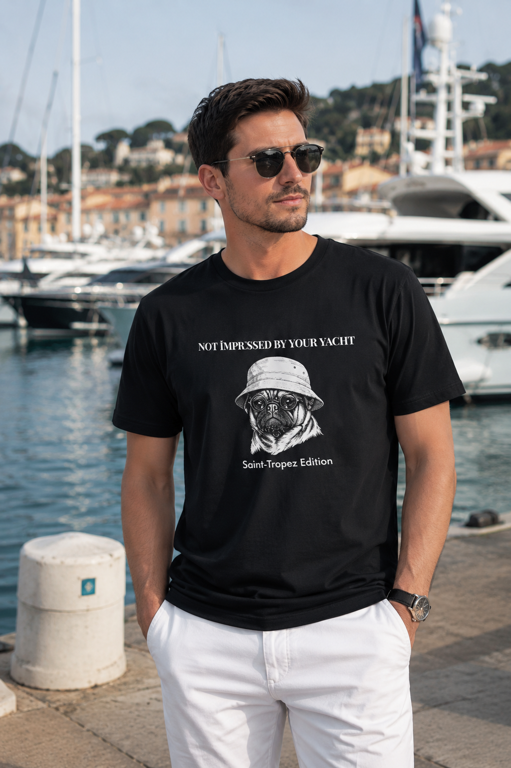 Not Impressed By Your Yacht | Saint-Tropez Pug Shirt | Riviera Lifestyle Tee. Out of Play Cannes